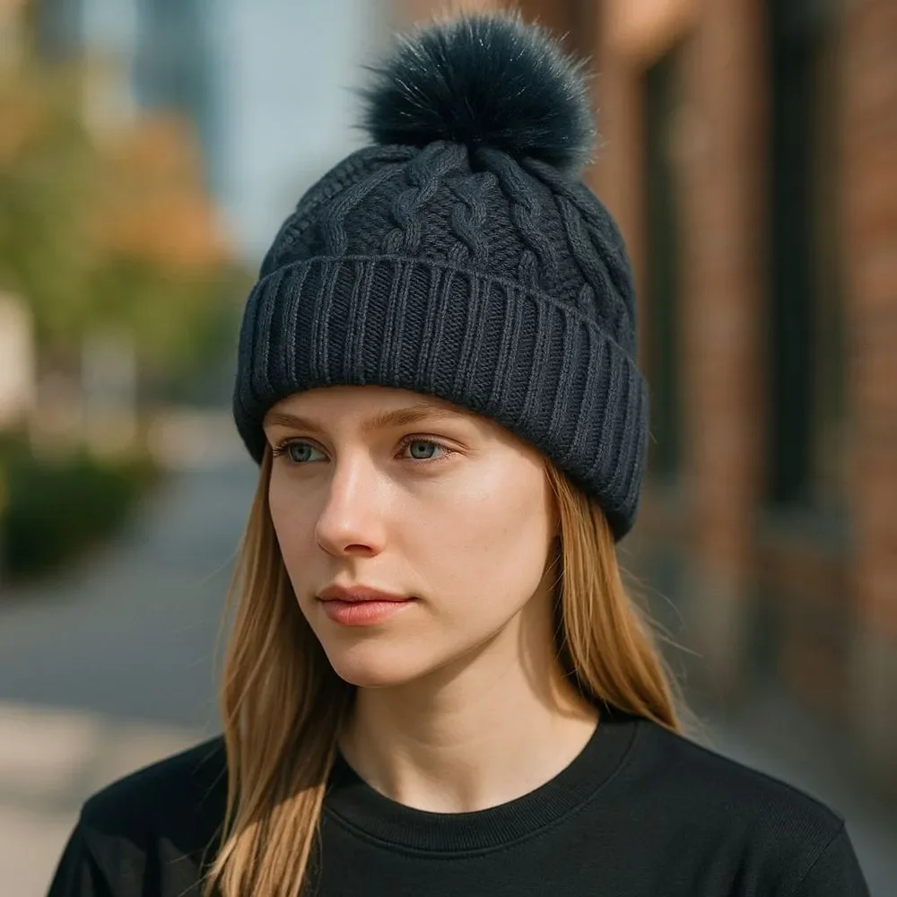 Women's Beanie Hat Black Cable Knit with Fuzzy Pom Pom Top Plushy Lining OS